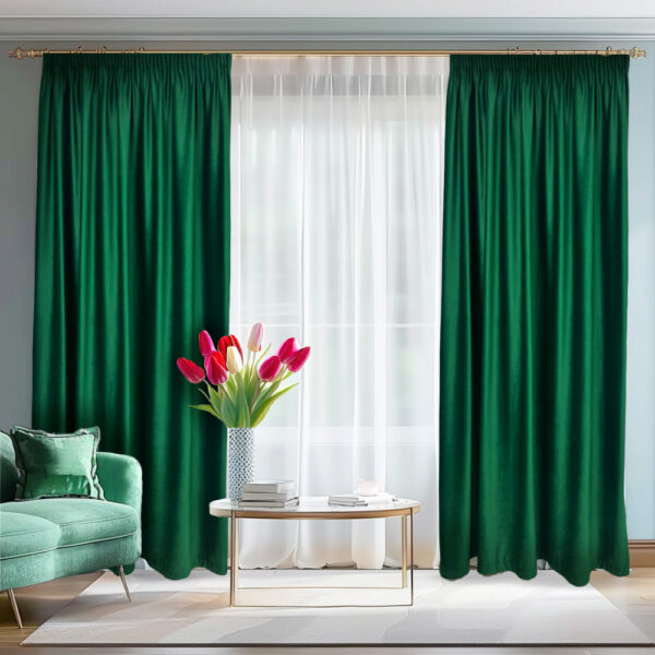 Draperie de Catifea Semi-opaca 70% Verde L1.80m/H2.60m cu Rejansa de 8 Creion