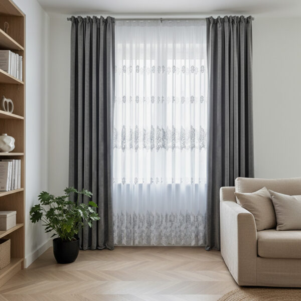 Perdea Valeria cu Broderie Clasica Alb/Gri 24311 L4,90m/ H2,55m cu rejansă Wave