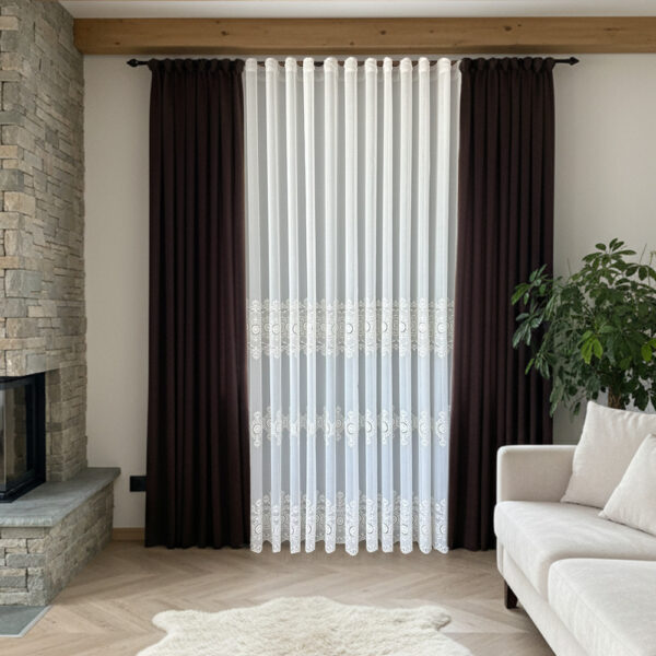 Perdea din In cu Broderie Eleganta Crem 12494 L4,90m/ H2,55m cu Rejansă Wave