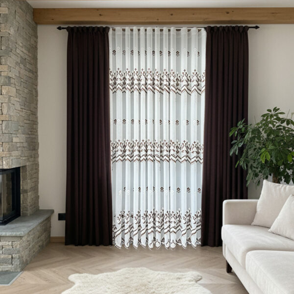 Perdea Sofia cu Broderie Clasică Crem /Maro 24314 L4,90m/ H2,55m cu rejansă Wave