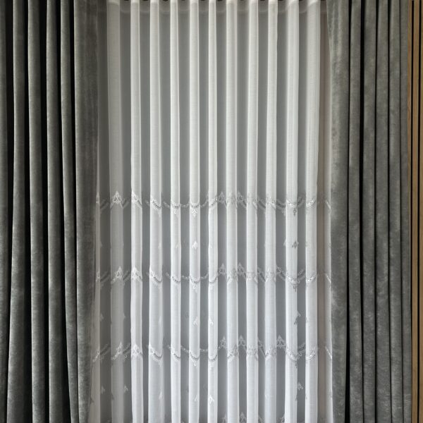 Perdea din In cu Broderie Elegantă Alb/Gri 25pr139