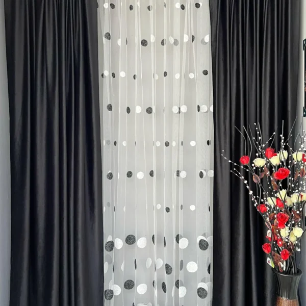 Perdea Brodata Tulle Model Buline Alb-Negru